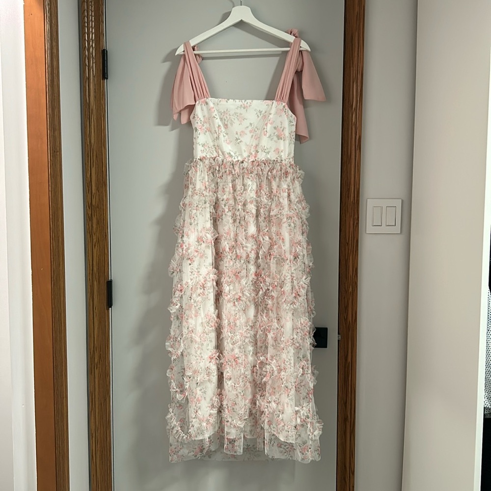 Romantic Pink Floral Maxi Dress with Tie Straps